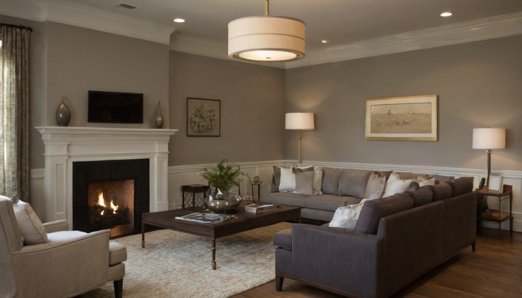 Which living room wall finish best balances durability, glare, acoustics, and repair shown in a luxury residential interior