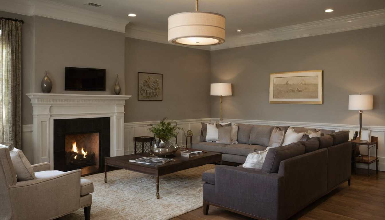 Which living room wall finish best balances durability, glare, acoustics, and repair shown in a luxury residential interior
