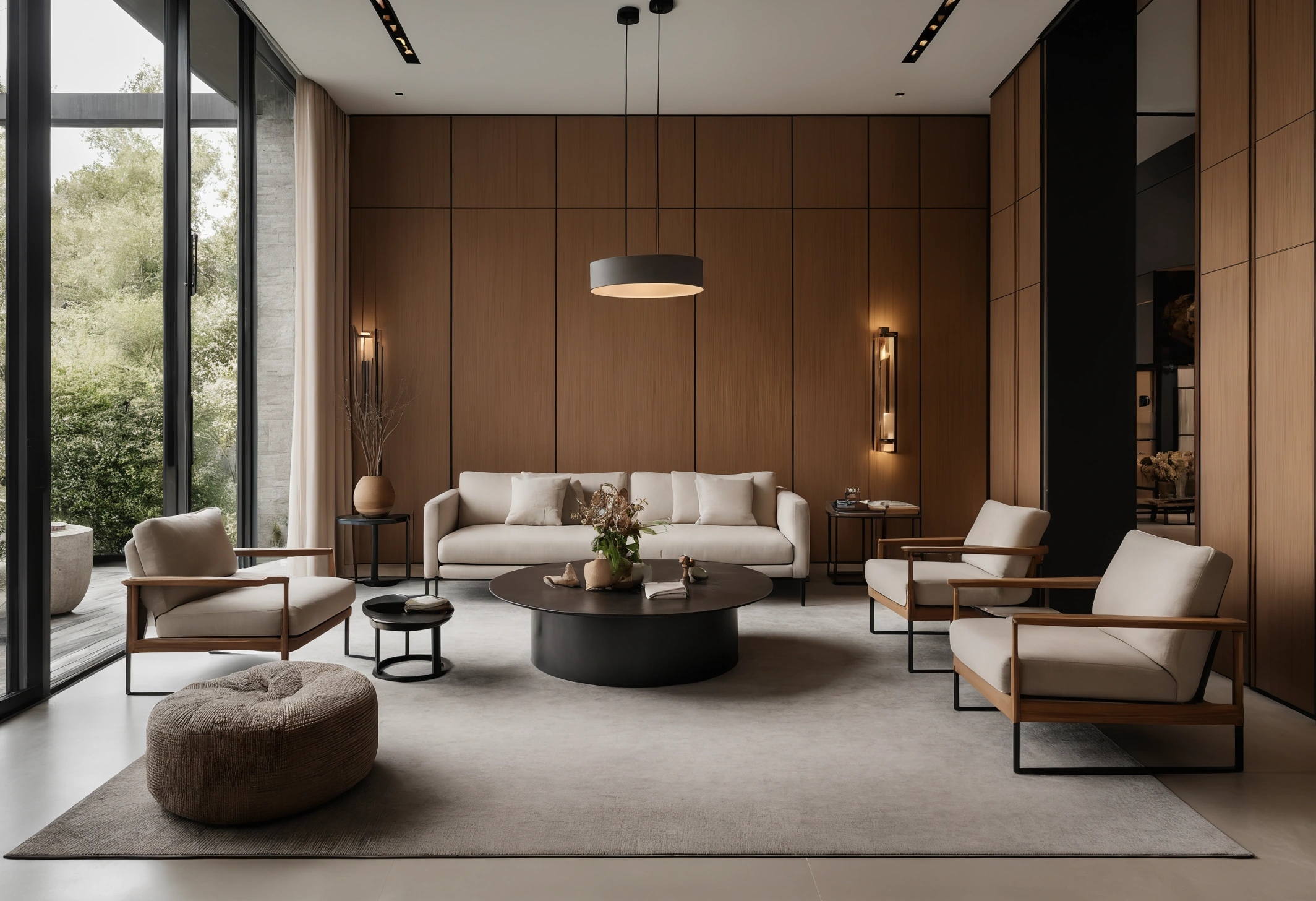 Wide view of a multibrand furniture showroom floor with room sets, upholstery and lighting displays