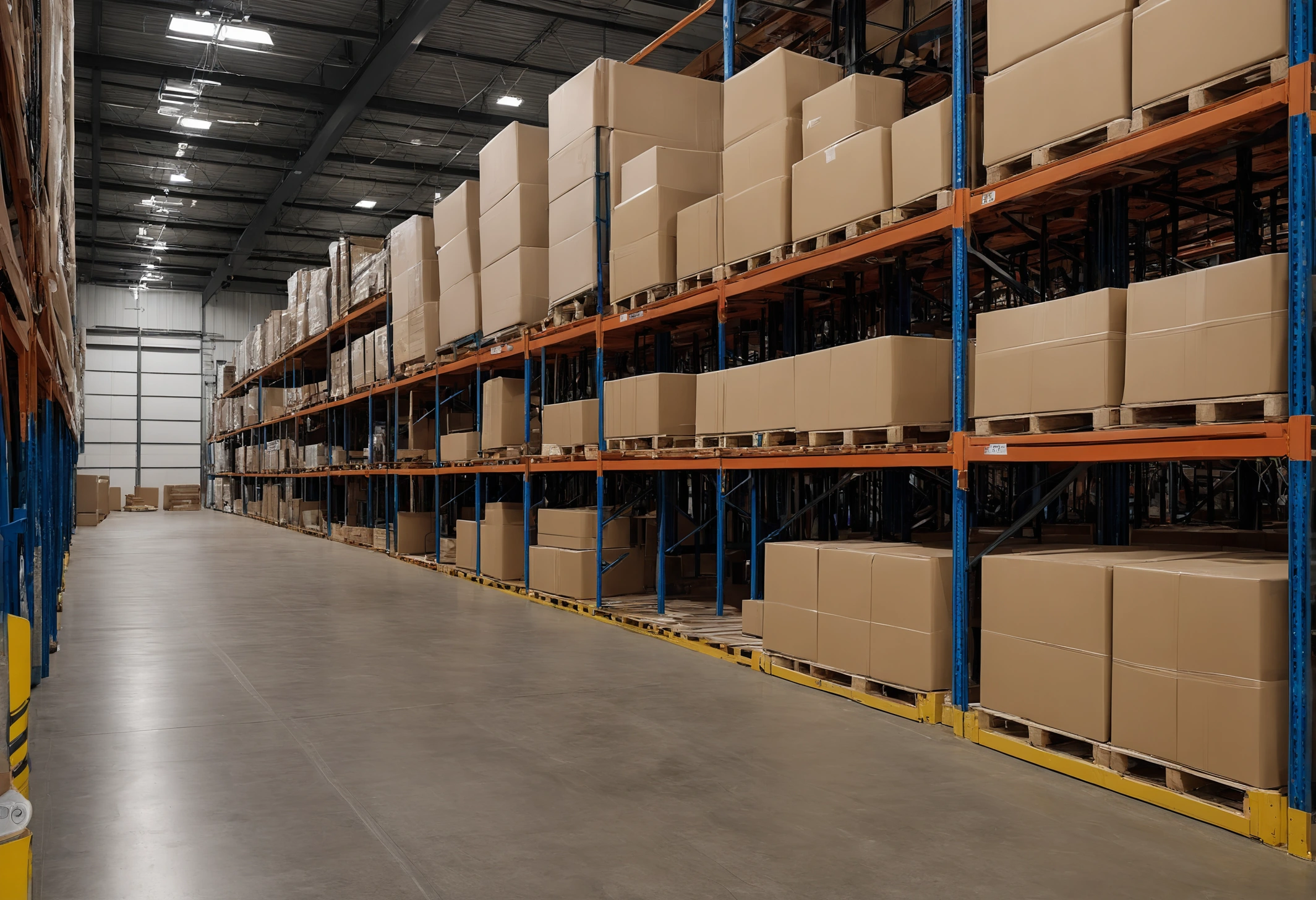 Furniture distribution warehouse with wrapped upholstered pieces on racking under high bay lighting