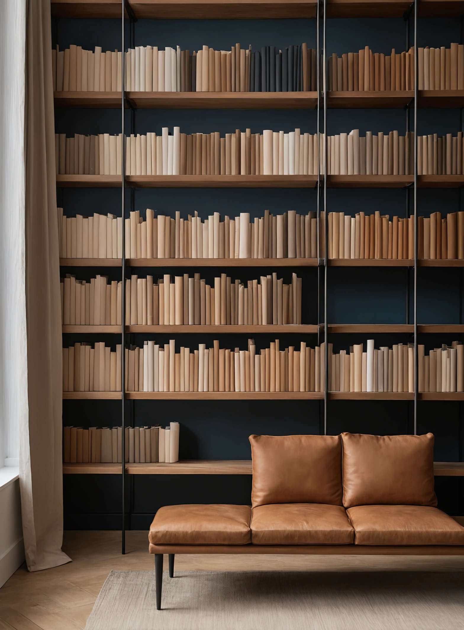 Shelving wall of hanging fabric sample books and leather swatches in a design library