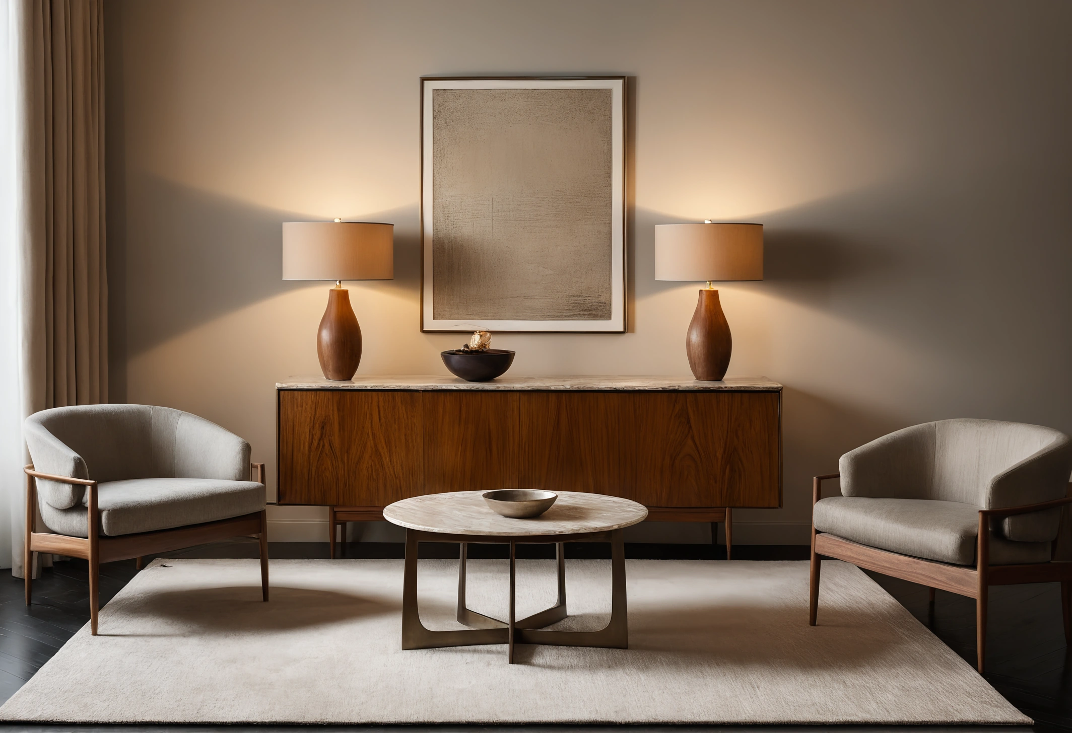 Complete room set display in a furniture showroom with sofa, rug, lighting and dining group arranged together